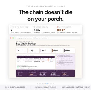 May include: A digital Boo Chain Tracker spreadsheet interface featuring columns for years held, fastest pass-on, and drop dates. The layout includes a Boo Basket Command Center, doorbell-ditch rules, a printed sign checklist, and a summary of chain activity.