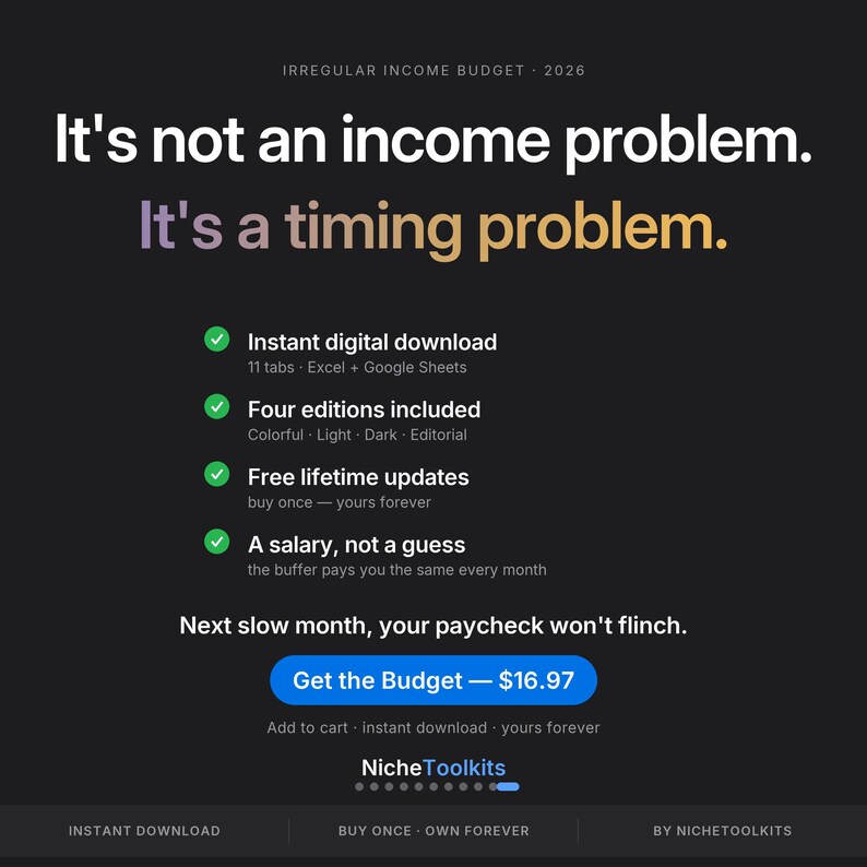 Pode incluir: Um planejador de or&ccedil;amento digital para 2026 intitulado Irregular Income Budget. O texto diz: It's not an income problem. It's a timing problem. Inclui download digital instant&acirc;neo, quatro edi&ccedil;&otilde;es e atualiza&ccedil;&otilde;es vital&iacute;cias inclu&iacute;das.