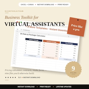 May include: A digital business toolkit for virtual assistants featuring an Excel spreadsheet titled VA Rate & Package Calculator with columns for Starter, Growth, and Pro packages. Includes text labels for nine files, instant download, and print-ready.