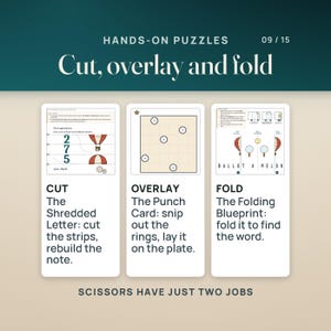 Three hands-on puzzles from the Junior Player Pack: the Shredded Letter, cut into strips and rebuilt; the Punch Card, whose small rings are snipped out before it goes on the Card Reader Plate; and the Folding Blueprint, folded to find a word. Scissors have just two jobs, and no other page is cut.