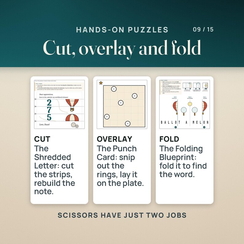 Three hands-on puzzles from the Junior Player Pack: the Shredded Letter, cut into strips and rebuilt; the Punch Card, whose small rings are snipped out before it goes on the Card Reader Plate; and the Folding Blueprint, folded to find a word. Scissors have just two jobs, and no other page is cut.