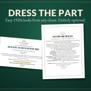K&ouml;nnte beinhalten: Zwei wei&szlig;e rechteckige Karten mit schwarzem Text und goldenen Akzenten auf dunkelgr&uuml;nem Hintergrund. Die Karten enthalten den Text DRESS THE PART, COSTUME IDEAS und MURDER AT THE COPPER LILY mit Veranstaltungsdetails und Kost&uuml;mvorschl&auml;gen.