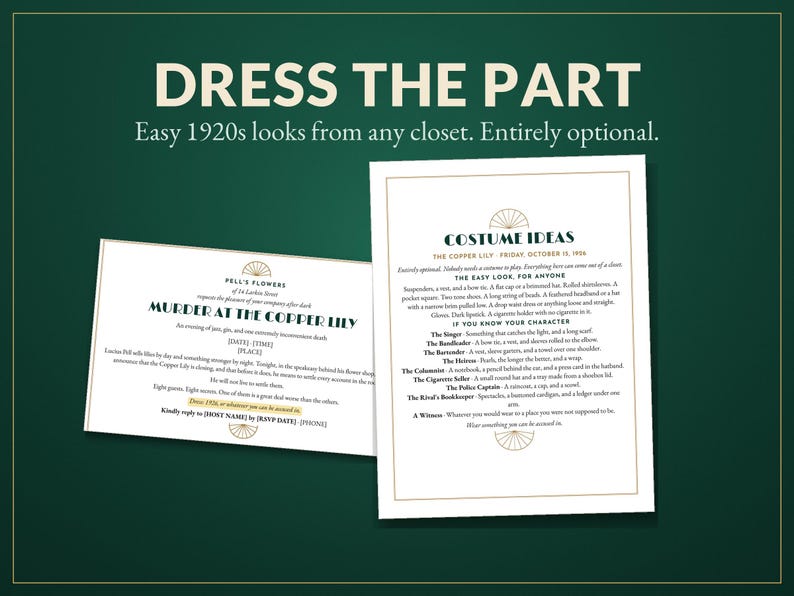 K&ouml;nnte beinhalten: Zwei wei&szlig;e rechteckige Karten mit schwarzem Text und goldenen Akzenten auf dunkelgr&uuml;nem Hintergrund. Die Karten enthalten den Text DRESS THE PART, COSTUME IDEAS und MURDER AT THE COPPER LILY mit Veranstaltungsdetails und Kost&uuml;mvorschl&auml;gen.