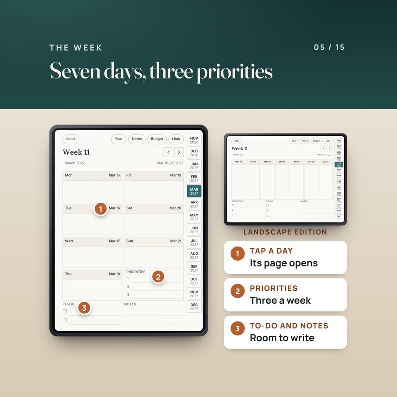 The Week 11 page, March 15 to 21, 2027: seven linked day boxes, three priorities, to-do and notes, shown in the portrait planner and in the landscape edition with seven columns.