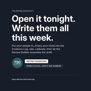 A dark closing frame headlined Open it tonight. Write them all this week. The text says to put your people in, empty your head into the Evidence Log, rate and calibrate, then let the Review Builder assemble the draft. Badges read 720, instant download, and works in Excel, Sheets and Numbers.
