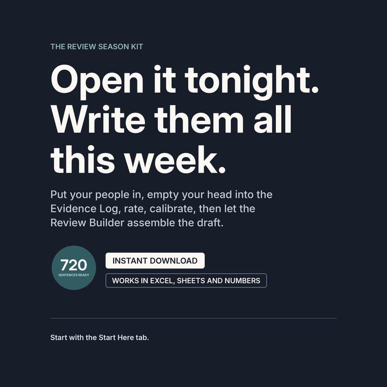 A dark closing frame headlined Open it tonight. Write them all this week. The text says to put your people in, empty your head into the Evidence Log, rate and calibrate, then let the Review Builder assemble the draft. Badges read 720, instant download, and works in Excel, Sheets and Numbers.