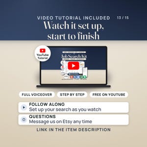 Video tutorial pane: a laptop shows the tutorial thumbnail with a play button and a YouTube seal, with pills reading full voiceover, step by step and free on YouTube. The link is in the item description.