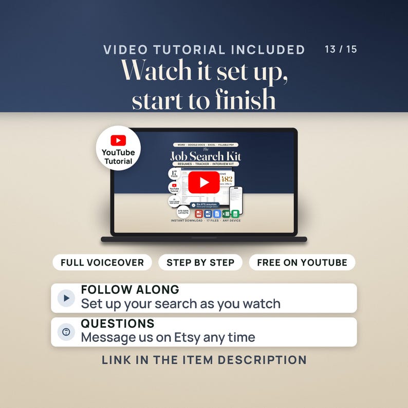 Video tutorial pane: a laptop shows the tutorial thumbnail with a play button and a YouTube seal, with pills reading full voiceover, step by step and free on YouTube. The link is in the item description.