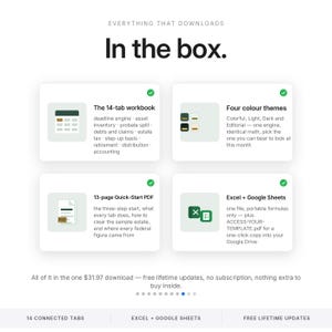 May include: A digital product information graphic titled In the box. It lists four components: a 14-tab workbook, four color themes, a 13-page Quick-Start PDF, and Excel plus Google Sheets files. The layout includes icons and descriptive text.