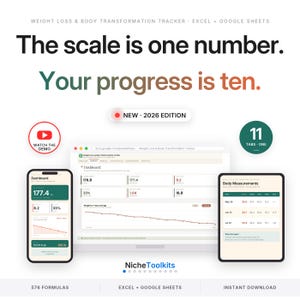May include: A digital weight loss and body transformation tracker for Excel and Google Sheets. The interface displays dashboards with charts, metrics, and body measurements. Text includes: The scale is one number. Your progress is ten. NEW 2026 EDITION.