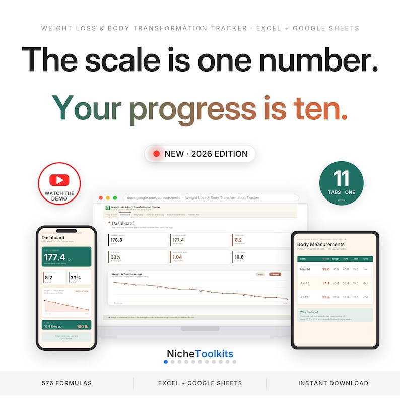 May include: A digital weight loss and body transformation tracker for Excel and Google Sheets. The interface displays dashboards with charts, metrics, and body measurements. Text includes: The scale is one number. Your progress is ten. NEW 2026 EDITION.
