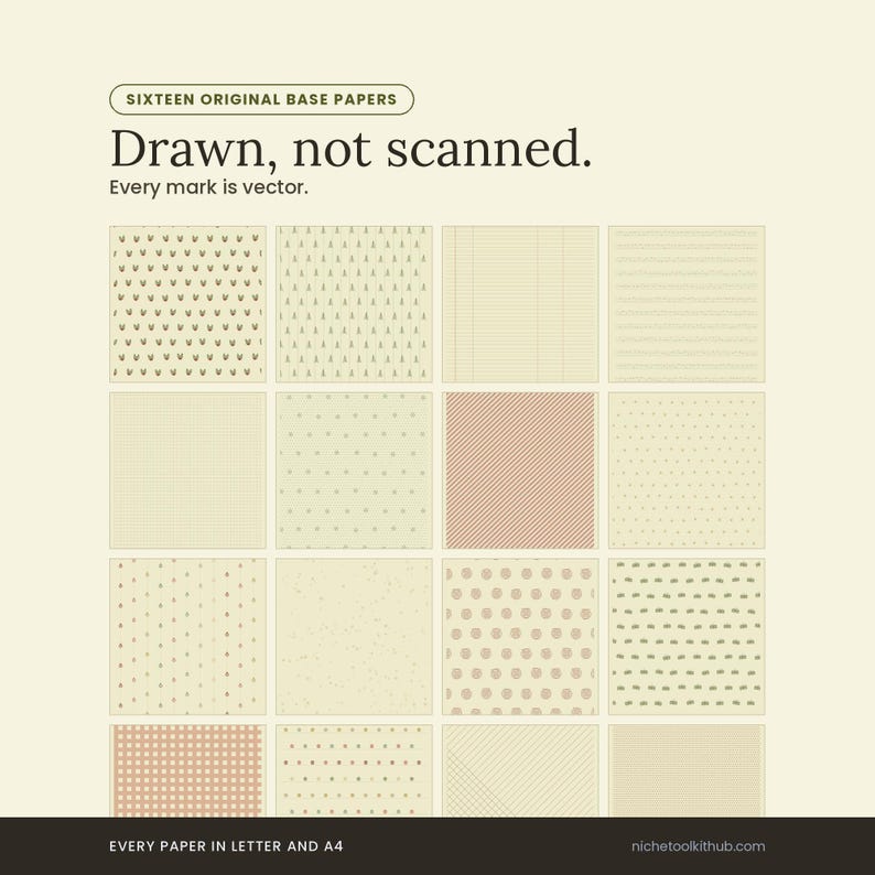 Grid of sixteen original base papers under the headline 'Drawn, not scanned. Every mark is vector.' The swatches show holly toile, pine stripe, ledger and manuscript rules, typewriter grid, snowflake dots, candy diagonal, star field, bauble drop, foxed tonal, postmark, mistletoe, gingham, putz village and ribbon lattice, all in muted sage, clay and cream. A footer strip reads: every paper in Letter and A4.