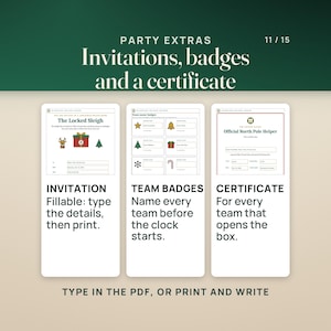 Party Extras: a fillable invitation, team badges to name every team before the clock starts, and a North Pole Helper certificate for every team that opens the box. Type in the PDF, or print and write.