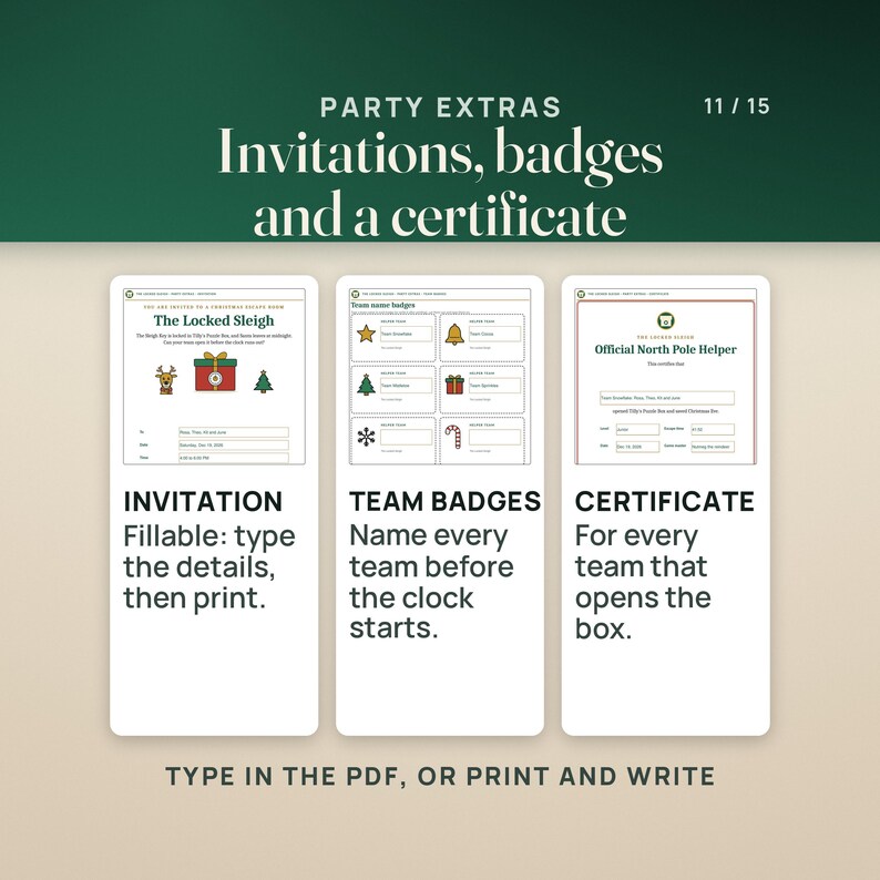 Party Extras: a fillable invitation, team badges to name every team before the clock starts, and a North Pole Helper certificate for every team that opens the box. Type in the PDF, or print and write.