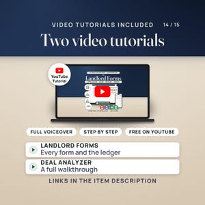 Two video tutorials, free on YouTube with full voiceover, step by step: the Landlord Forms tutorial covers every form and the ledger, and the Deal Analyzer tutorial is a full walkthrough. The links are in the item description.