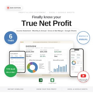 Income Statement Template | Small Business Profit and Loss Spreadsheet | Excel & Google Sheets, Monthly and Annual, Net Profit and Margins image 1