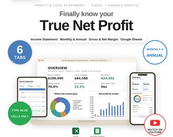 Vorlage für die Gewinn- und Verlustrechnung | Gewinn- und Verlusttabelle für kleine Unternehmen | Excel & Google Sheets, monatlich und jährlich, Nettogewinn und Margen