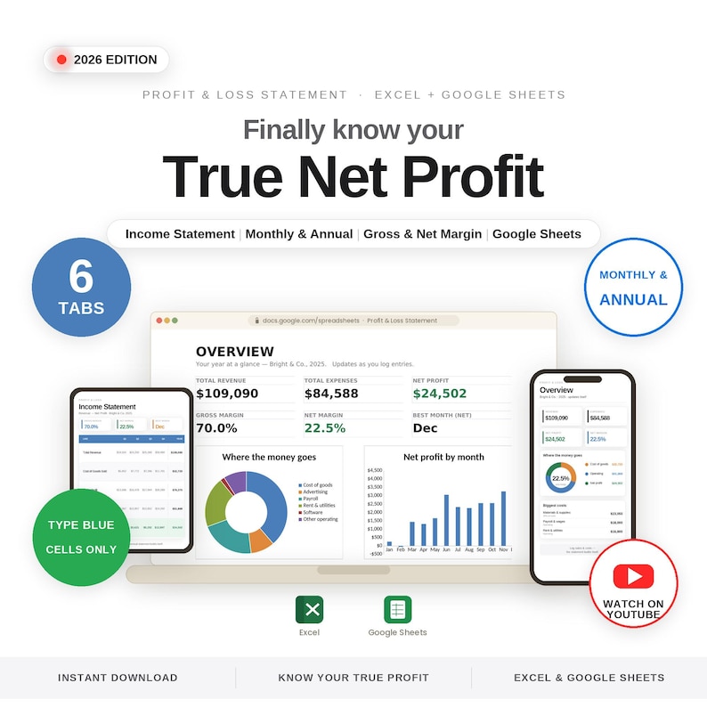 Income Statement Template | Small Business Profit and Loss Spreadsheet | Excel & Google Sheets, Monthly and Annual, Net Profit and Margins image 1