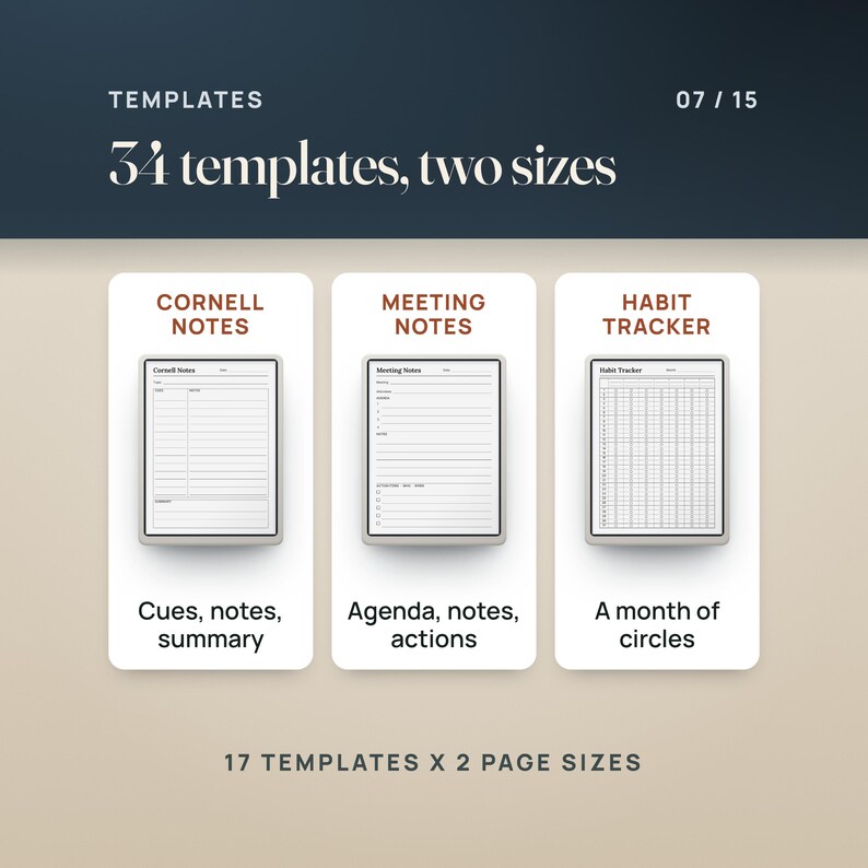 Three of the 34 templates rendered from the files: Cornell Notes, Meeting Notes and Habit Tracker. 17 templates in each of two page sizes, 3:4 and 9:16.