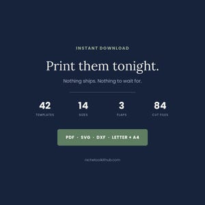 Closing card on a deep navy ground. An eyebrow reads INSTANT DOWNLOAD above the serif headline 'Print them tonight.' and the line 'Nothing ships. Nothing to wait for.' Four figures sit beneath a rule: 42 templates, 14 sizes, 3 flaps, 84 cut files. A green badge reads PDF, SVG, DXF, Letter + A4, with nichetoolkithub.com below it.