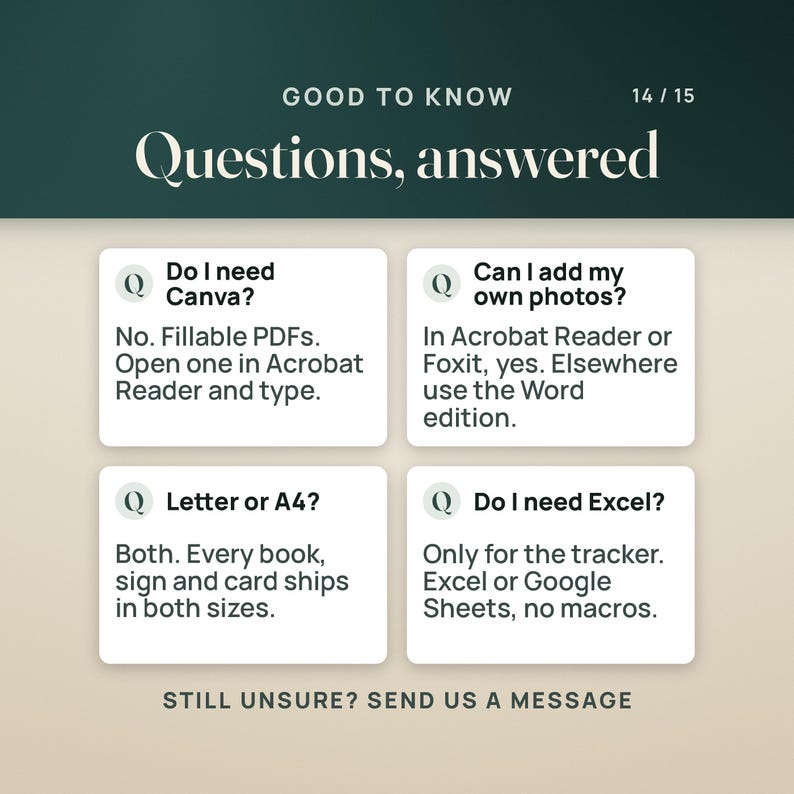 Puede incluir: Un gr&aacute;fico informativo titulado Good to Know Questions, answered con cuatro cuadros blancos que contienen preguntas frecuentes sobre compatibilidad de software, formatos de archivo y tama&ntilde;os. El texto aborda Canva, fotos, tama&ntilde;os Letter o A4 y Excel.