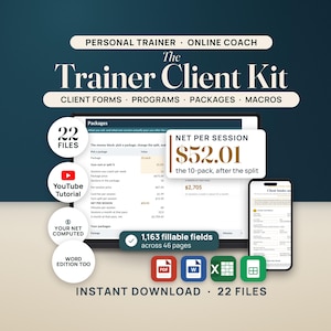 Op de afbeelding: Een digitale Trainer Client Kit met 22 bestanden, waaronder klantformulieren, programma's, pakketten en macro's. Het scherm toont een computer en smartphone met spreadsheets en 1.163 invulbare velden voor professioneel gebruik.