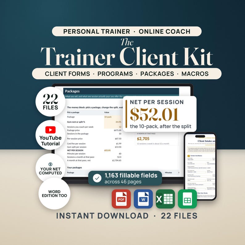 Op de afbeelding: Een digitale Trainer Client Kit met 22 bestanden, waaronder klantformulieren, programma's, pakketten en macro's. Het scherm toont een computer en smartphone met spreadsheets en 1.163 invulbare velden voor professioneel gebruik.