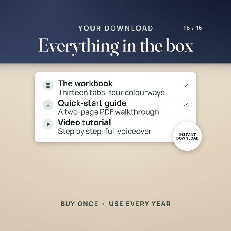 May include: A digital download information graphic titled Your Download 16/16 Everything in the box. It lists The workbook with thirteen tabs and four colorways, a Quick-start guide two-page PDF, and a Video tutorial with voiceover. Includes Instant Download.