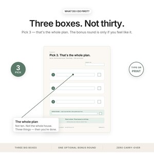 May include: A daily task planner sheet featuring the text 'Three boxes. Not thirty.' and 'Pick 3. That's the whole plan.' The layout includes three numbered entry fields, a bonus round section, and checkboxes. Text labels include '3 PICK' and 'TYPE OR PRINT'.