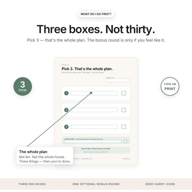 May include: A daily task planner sheet featuring the text 'Three boxes. Not thirty.' and 'Pick 3. That's the whole plan.' The layout includes three numbered entry fields, a bonus round section, and checkboxes. Text labels include '3 PICK' and 'TYPE OR PRINT'.