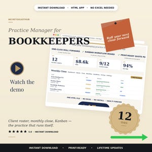 May include: A digital practice manager for bookkeepers featuring a dashboard with a Kanban workflow board, client roster, and monthly close tracking. The interface displays metrics like active clients, revenue, and task completion status in a web-based format.
