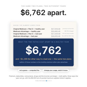 May include: An infographic titled The same two plans, two different years, &pound;6,762 apart. It displays a table comparing Original Medicare plus Plan G and Medicare Advantage costs for healthy and bad years, with a blue box highlighting the &pound;6,762 difference.