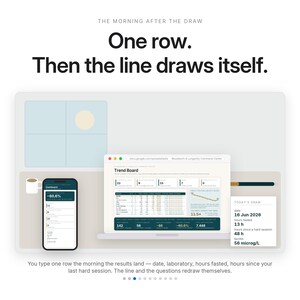 May include: A digital dashboard interface displayed on a laptop and smartphone screen, featuring the text 'THE MORNING AFTER THE DRAW', 'One row. Then the line draws itself.', and 'TODAY'S DRAW' with data points including '16 Jun 2026' and '56 microg/L'.