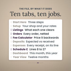 Pode incluir: Um gr&aacute;fico de informa&ccedil;&otilde;es digital intitulado THE FILE, BY WHAT IT DOES Ten tabs, ten jobs. Lista dez categorias: Start Here, Setup, Listings, Orders, Fee Calculator, Deposits, Expenses, Schedule C, Dashboard e Year View com descri&ccedil;&otilde;es.