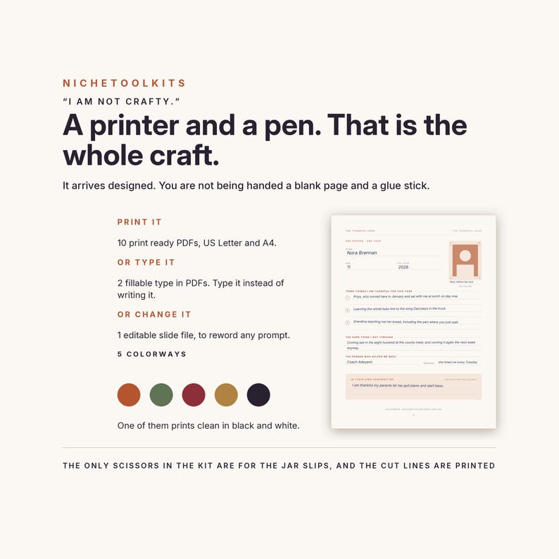 May include: A digital product information sheet titled NicheToolKits featuring the text I AM NOT CRAFTY. A printer and a pen. That is the whole craft. It includes details on 10 print-ready PDFs in US Letter and A4, fillable PDFs, and 5 colorways.