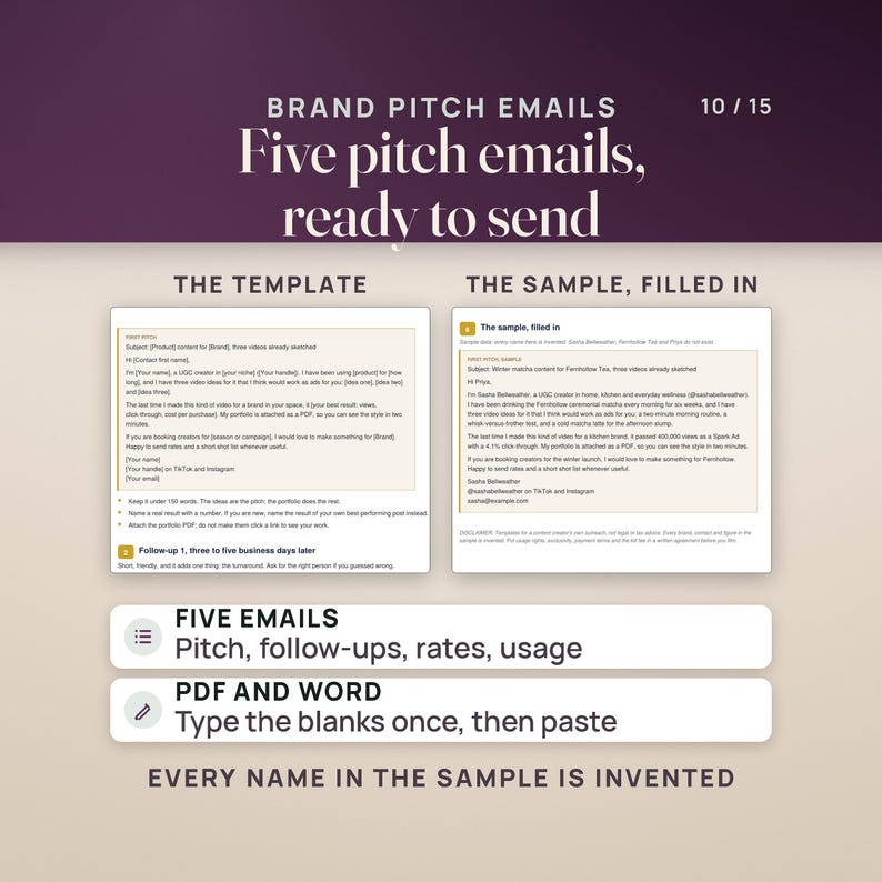 The brand pitch emails: the first pitch template with bracketed blanks and three tips, next to the sample pitch filled in for an invented tea brand. Five emails in all (the pitch, two follow-ups, the rate reply and a usage note), as a fillable PDF and a Word file.