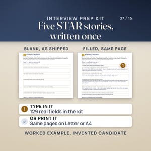 The STAR Story Worksheet from the fillable Interview Prep Kit, blank as shipped beside the same page filled with an invented worked example. The kit has 129 fillable fields and comes on US Letter and A4, or can be printed.