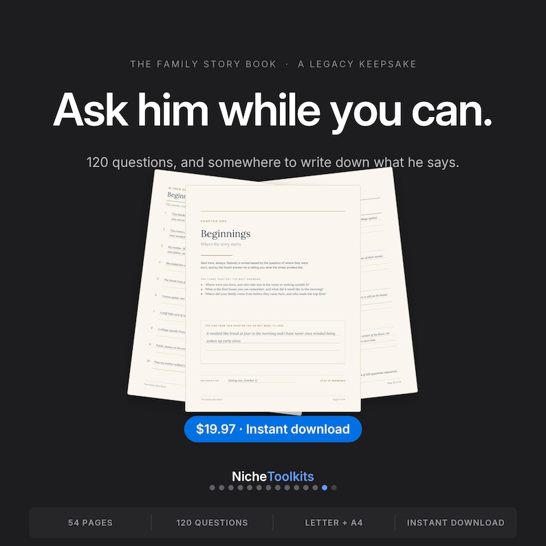 Może przedstawiać: Cyfrowa księga historii rodzinnej jako pamiątka z tekstem Ask him while you can. 120 questions, and somewhere to write down what he says. Strony pokazują rozdział pierwszy Beginnings z pytaniami i liniami do zapisywania odpowiedzi.