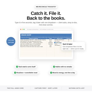 May include: A digital spreadsheet interface titled BRAIN DUMP with columns for Capture anything, Type, Move it to, and Cleared. Text includes Catch it. File it. Back to the books. 5-SECOND CAPTURE, Sort it later, and four green checkmark bullet points.