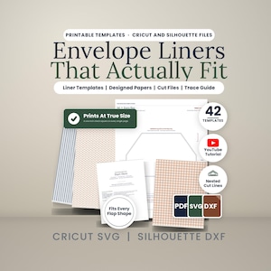 Pode incluir: Uma cole&ccedil;&atilde;o de modelos imprim&iacute;veis para forros de envelopes com 42 designs, arquivos para Cricut e Silhouette, e formatos PDF, SVG e DXF. O conjunto inclui pap&eacute;is estampados, um guia de tra&ccedil;ado e um link para um tutorial no YouTube.