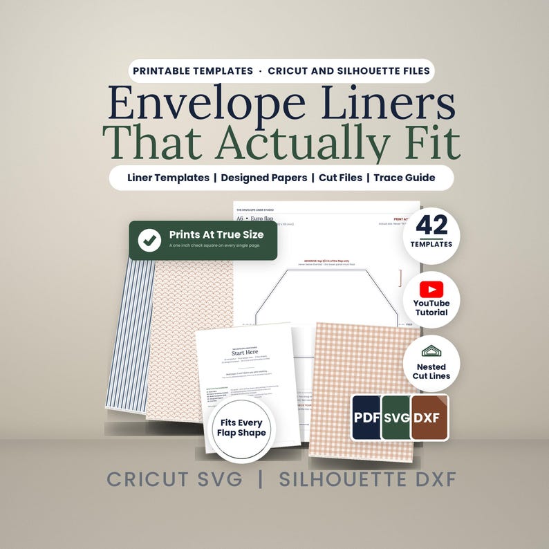 Pode incluir: Uma cole&ccedil;&atilde;o de modelos imprim&iacute;veis para forros de envelopes com 42 designs, arquivos para Cricut e Silhouette, e formatos PDF, SVG e DXF. O conjunto inclui pap&eacute;is estampados, um guia de tra&ccedil;ado e um link para um tutorial no YouTube.