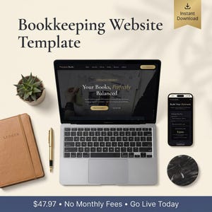 May include: A bookkeeping website template displayed on a laptop and smartphone screen. The laptop shows a website titled Precision Books with the text Your Books, Perfectly Balanced. A tan ledger, gold pen, succulent, and marble coaster are included.
