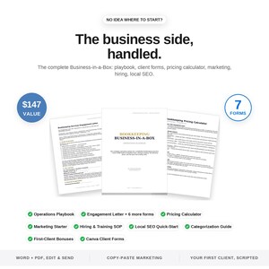 Puede incluir: Un kit de recursos empresariales digitales titulado Bookkeeping Business-in-a-Box, que incluye un manual de operaciones, una carta de compromiso y una calculadora de precios. El conjunto contiene varios formularios, materiales y gu&iacute;as.