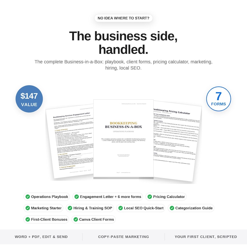 Puede incluir: Un kit de recursos empresariales digitales titulado Bookkeeping Business-in-a-Box, que incluye un manual de operaciones, una carta de compromiso y una calculadora de precios. El conjunto contiene varios formularios, materiales y gu&iacute;as.