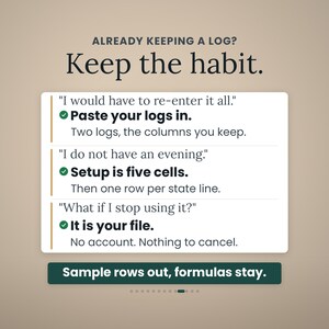 May include: A digital graphic with the text ALREADY KEEPING A LOG? Keep the habit. It lists three common concerns with solutions: Paste your logs in, Setup is five cells, and It is your file. A dark green button at the bottom reads Sample rows out, formulas stay.