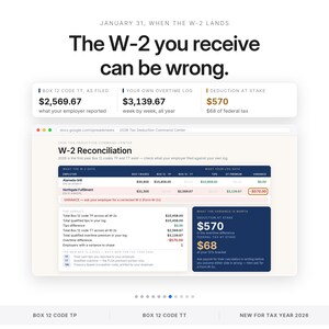 May include: A digital infographic titled The W-2 you receive can be wrong, displaying a W-2 Reconciliation spreadsheet. It highlights a variance of $570 in deduction at stake, comparing employer-reported Box 12 code TT data against personal overtime logs.