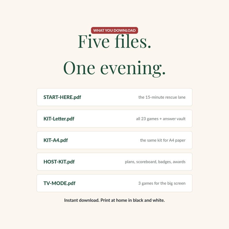 The five files in the download: START-HERE rescue lane, KIT in US Letter and A4 with the answer vault, HOST-KIT with plans and scoreboard and awards, and TV-MODE for the big screen.