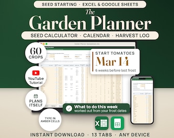 Garden Planner Spreadsheet | Seed Starting Calculator by Frost Date, Planting Calendar, Vegetable Garden Planner, Harvest Tracker, Excel
