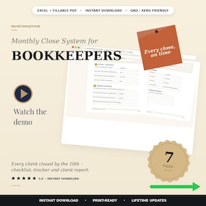 May include: A digital monthly close system for bookkeepers featuring a fillable form interface, a demo video button, and a badge indicating 7 files. Text includes Monthly Close System for BOOKKEEPERS, Every close, on time, and Watch the demo.