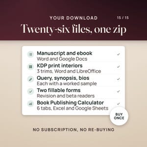 What you get: the manuscript and ebook for Word and Google Docs, KDP print interiors in 3 trims for Word and LibreOffice, a query letter, synopsis and bios with worked samples, two fillable forms for revision and beta readers, and the Book Publishing Calculator with 6 tabs for Excel and Google Sheets, as an instant download.
